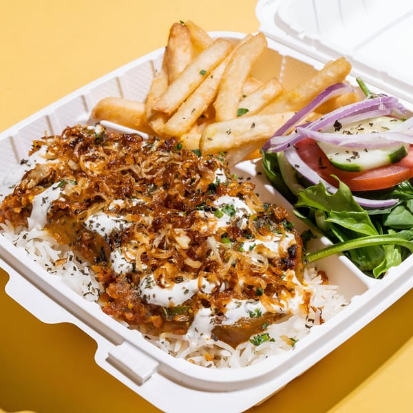 Middle-Eastern takeout meal with rice, meat, fried onions, fries, and a side salad.