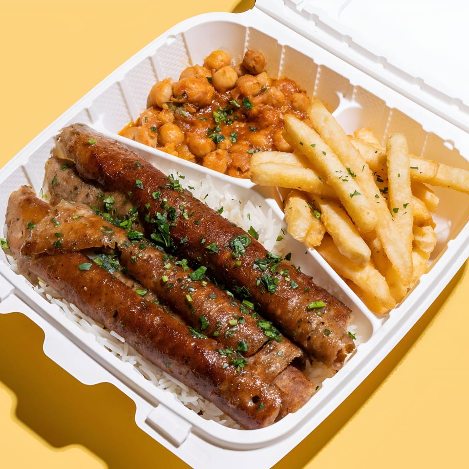 Sheesh Grill's Middle-Eastern meal with sausages, rice, chickpeas, and fries in a takeout container.
