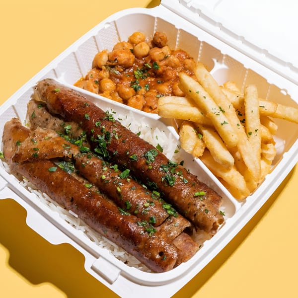 Sheesh Grill's middle-eastern meal with three sausages, rice, chickpeas, and french fries in a white container.